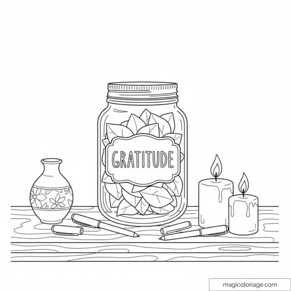 Gratitude jar and candles with flowers.
