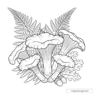 Dessin de champignons et fougères avec glands à colorier