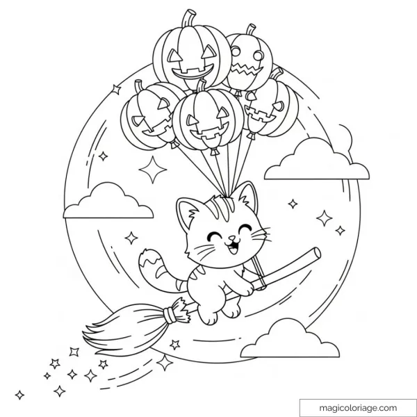 Flying cat with pumpkin balloons on broomstick and stars.