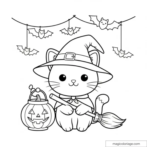 Cute kitten drawing in witch outfit with pumpkin and bats.