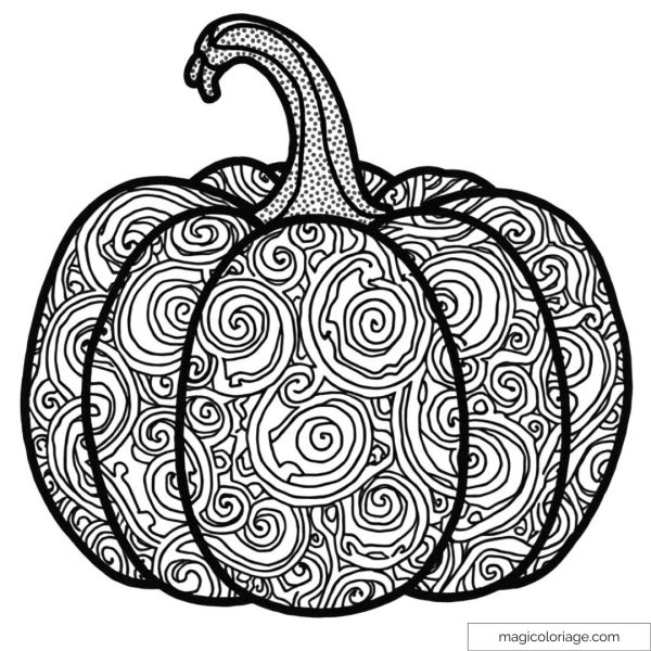 Pumpkin picture with spiral patterns to color for creative relaxation.