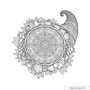 Mandala à motifs automnaux avec corne d'abondance pour coloriage.