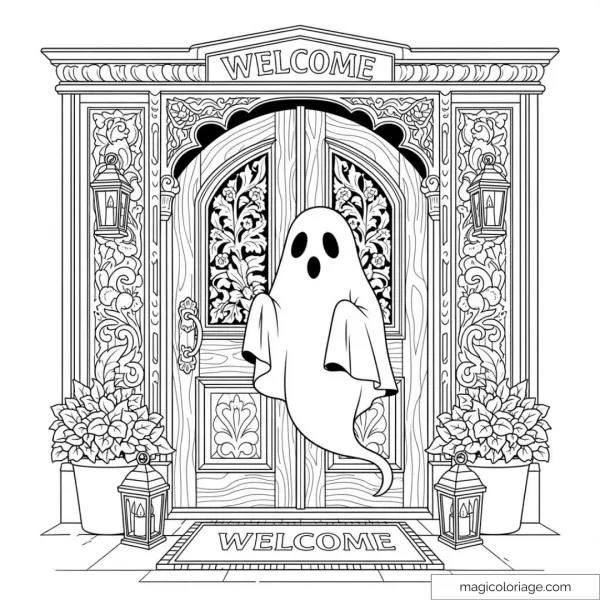 Smiling ghost in front of stylish door with floral decoration