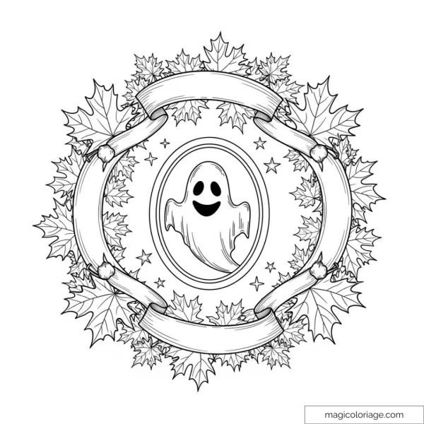 Smiling ghost surrounded by autumn leaves and ribbons