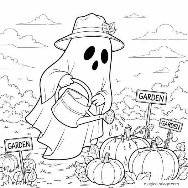 Gardener ghost watering pumpkins in a garden.
