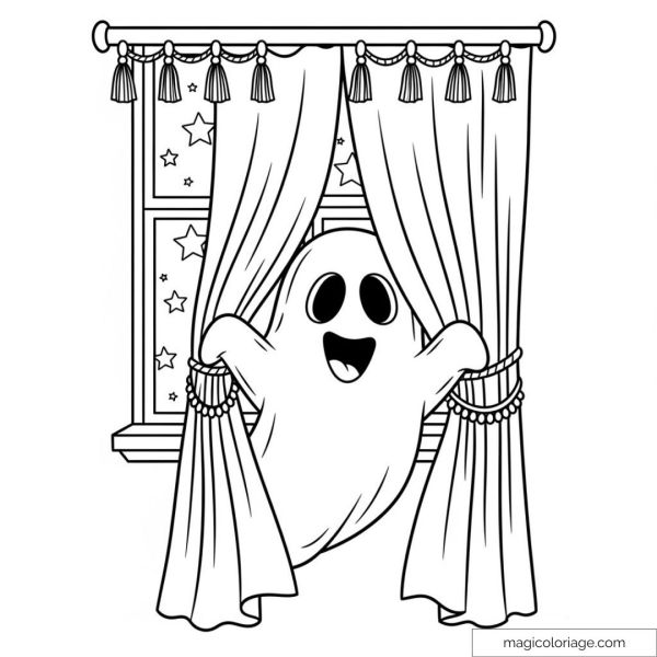 Smiling ghost drawing the curtains in front of a starry window.