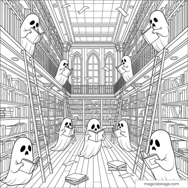 illustration of ghosts reading books in a large library