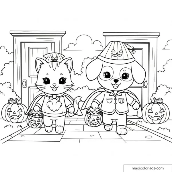 Coloring page of cat and dog dressed up for Halloween with pumpkins.