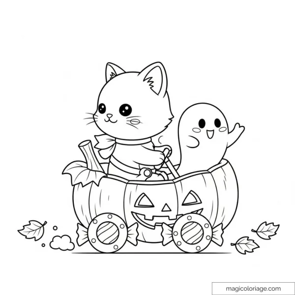 Cute cat and ghost in pumpkin Halloween coloring page