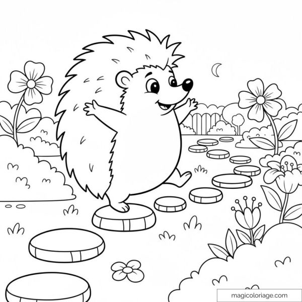 Happy hedgehog jumping in a garden with flowers
