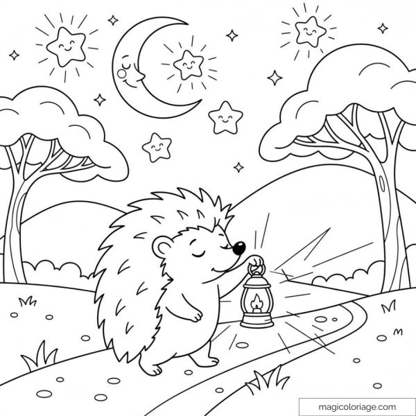 Hedgehog holding a lantern under the stars and moon.