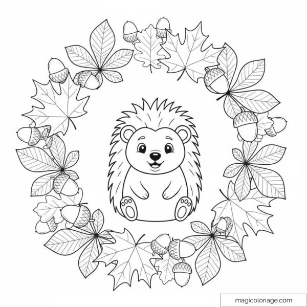 Cute hedgehog surrounded by autumn leaves and acorns to color