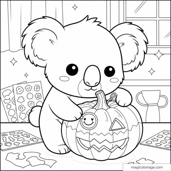 Cute koala coloring a Halloween pumpkin.