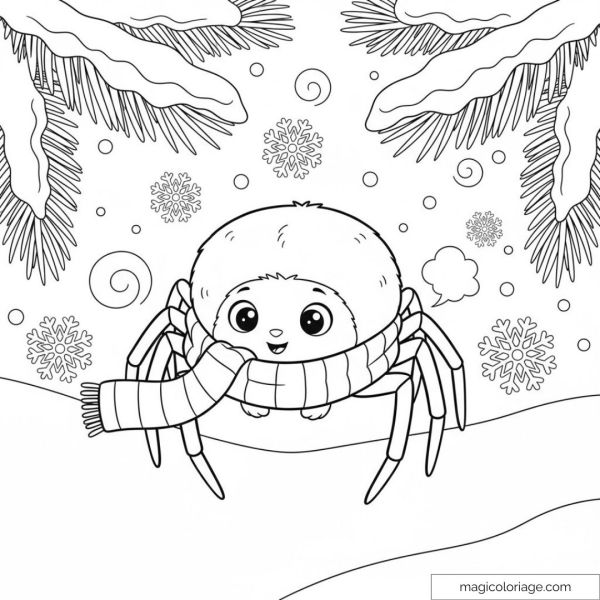Lucas l'Araignée avec écharpe hivernale et flocons de neige