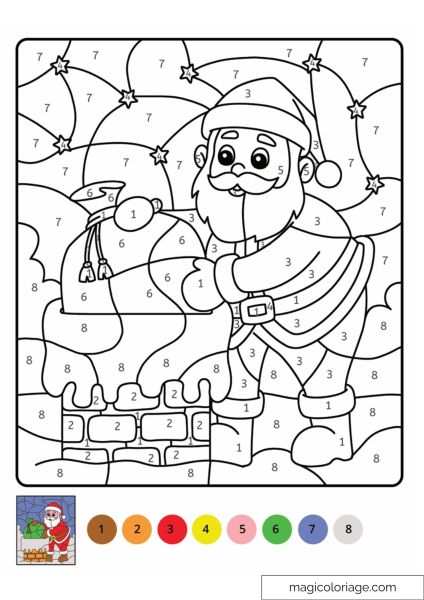 Smiling Santa Claus filling stockings on the chimney with stars and a starry sky in the background.