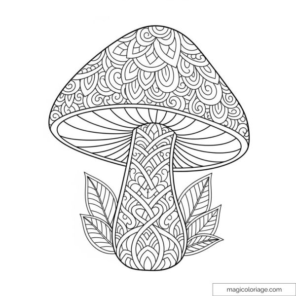 Dessin de champignon mandala détaillé avec motifs complexes pour coloriage relaxant.