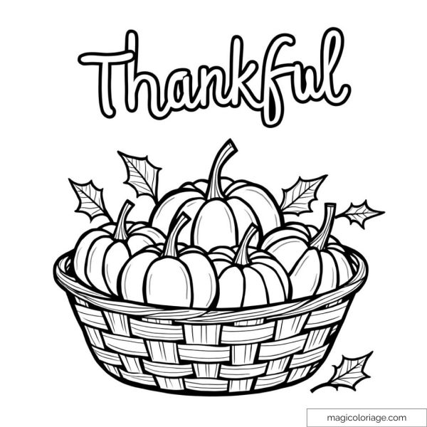Autumn pumpkin leaves coloring page with Thankful text.