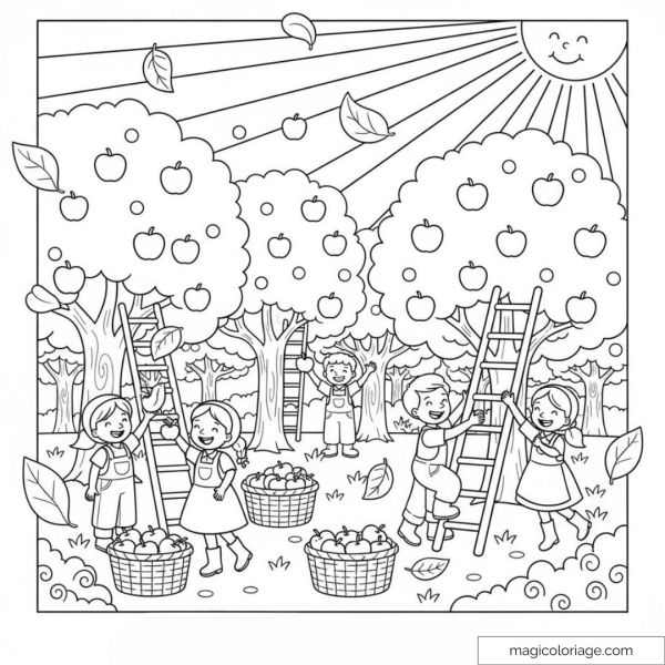 Children picking apples in an orchard under a smiling sun.
