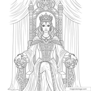 Reine en robe somptueuse assise sur un trône détaillé