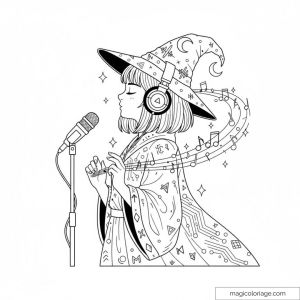 Sorcière en robe magique chantant avec microphone et notes musicales