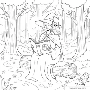 Sorcière lisant un grimoire avec hibou