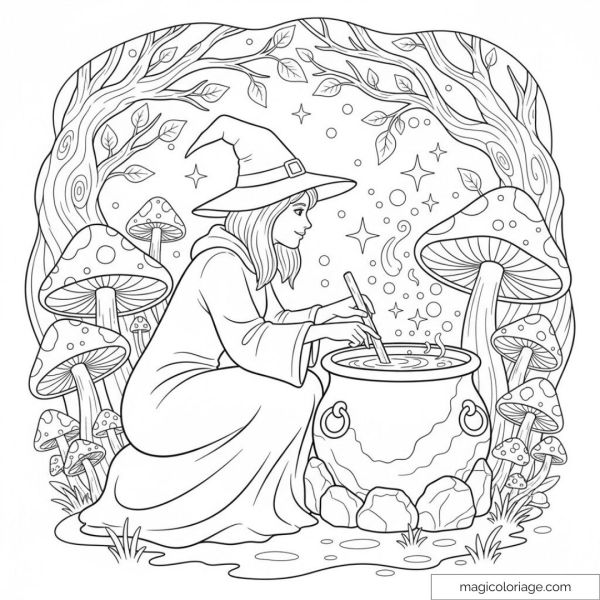 Illustration d'une sorcière avec chaudron magique