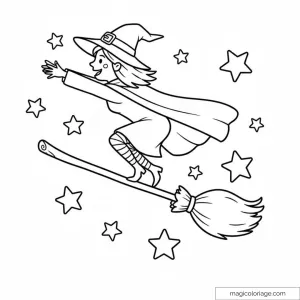 Sorcière sur un balai entourée d'étoiles à colorier.