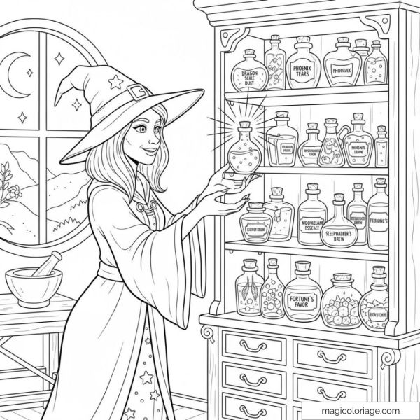 Sorcière avec chapeau observant des potions magiques dans son atelier