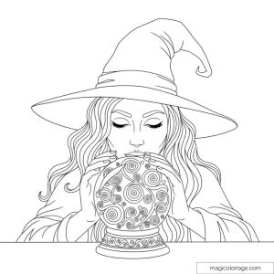 Sorcière avec chapeau et boule de cristal à colorier