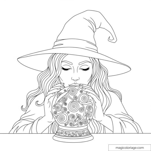 Sorcière avec chapeau et boule de cristal à colorier