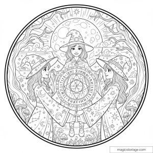 Trois sorcières avec un mandala mystique