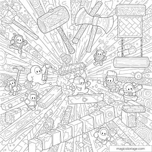 Dessin à colorier de Stumble Guys avec personnages en action et obstacles.
