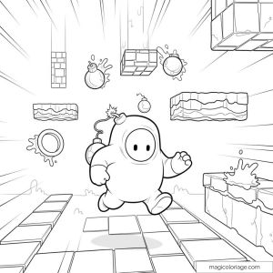 Dessin de Stumble Guys avec aventurier sautant entre obstacles et bombes