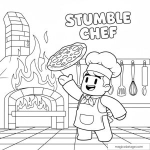 Dessin de Stumble Guys chef pizza avec four et ustensiles.