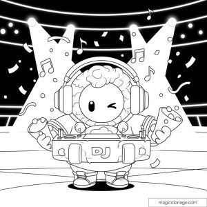 Coloriage de DJ Stumble Guys avec casque et table de mixage.
