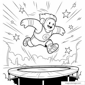 Dessin de personnage Stumble Guys sautant sur un trampoline avec étoiles.