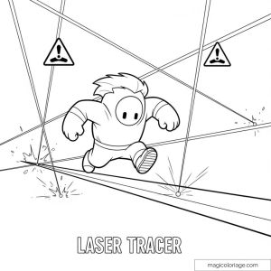 Personnage Stumble Guys évitant des lasers avec des symboles d'avertissement.