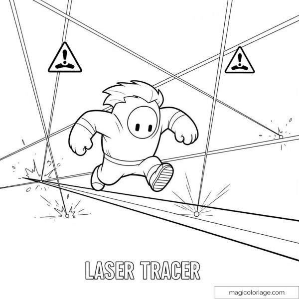 Personnage Stumble Guys évitant des lasers avec des symboles d'avertissement.