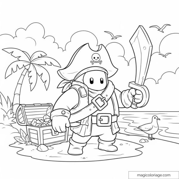 Dessin à colorier de pirate Stumble Guys avec trésor et plage