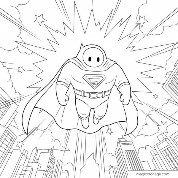 Stumble Guys superhéros volant au-dessus des immeubles avec des étoiles.
