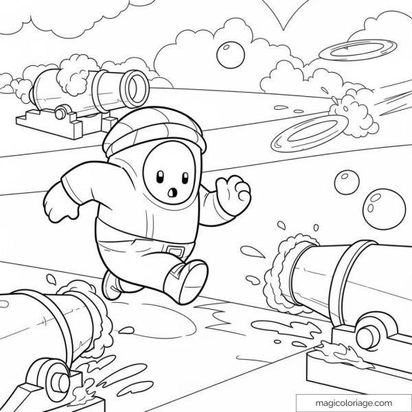 Dessin Stumble Guys à imprimer avec des canons et un personnage courant