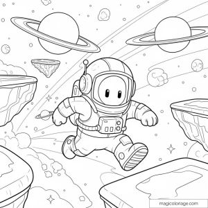 Stumble Guys en scaphandre sautant dans l'espace avec des planètes et étoiles.