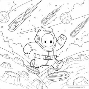 Astronaute Stumble Guys sautant entre météores dans l'espace.