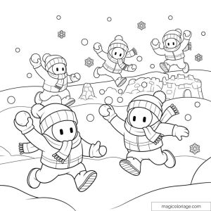 Personnages Stumble Guys jouant dans la neige avec un château en arrière-plan.