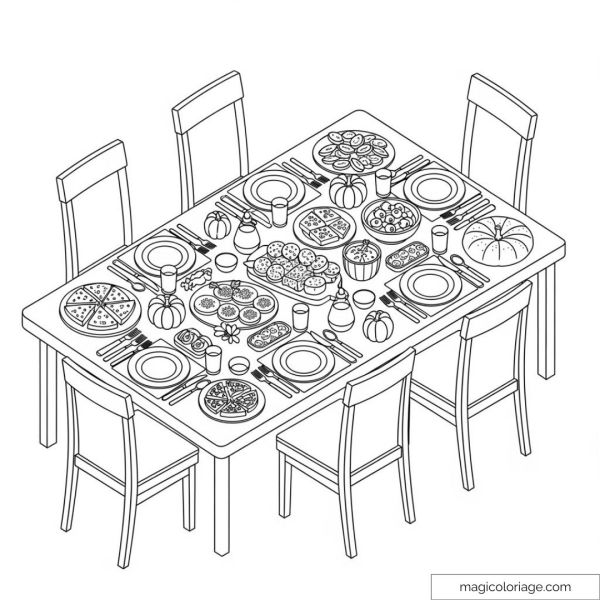 Table drawing with various dishes for a festive coloring.