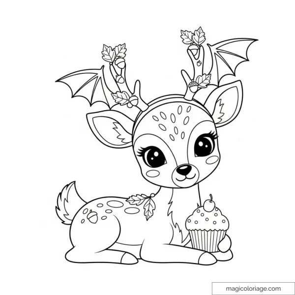 Cute fawn with antler decoration and cupcake to color.