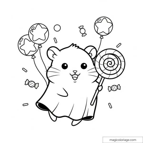 Cute hamster drawing with star balloons and treats