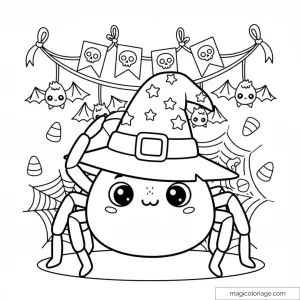 Coloriage araignée mignonne avec chapeau de sorcière et décor Halloween