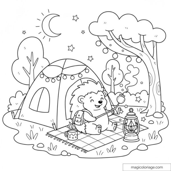 Hedgehog camping under the stars with tent and lantern
