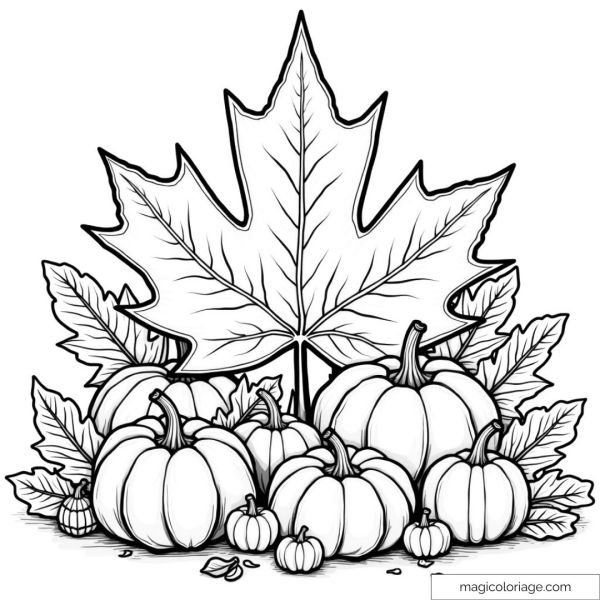 Picture of pumpkins surrounded by maple leaves to color.